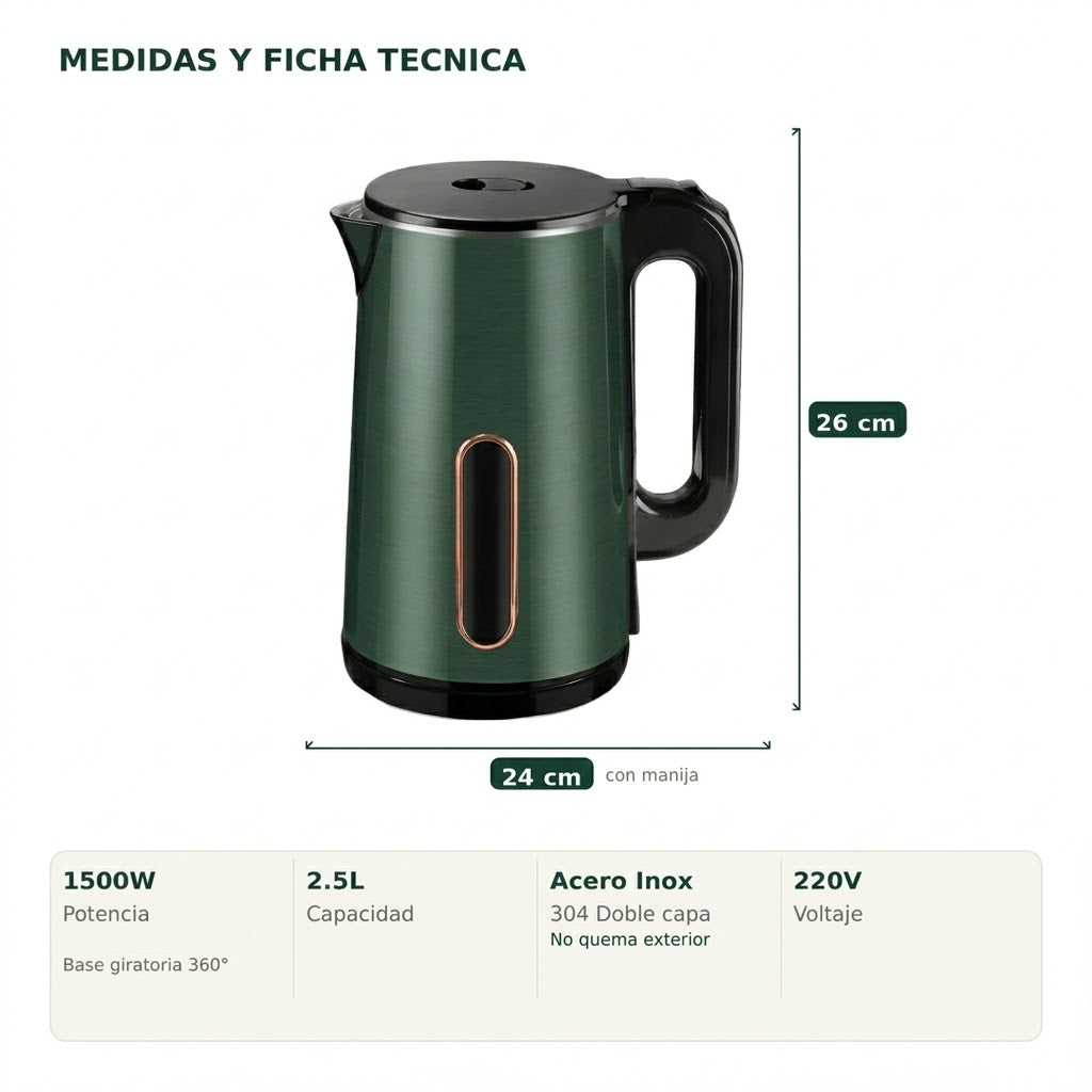 Tetera Eléctrica Doble Capa 2.5L | Acero Inox 304 | 1500W Base Giratoria 360°