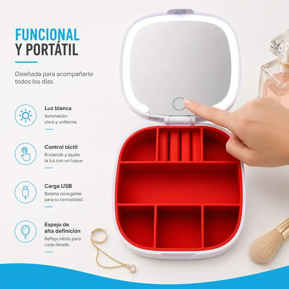 Organizador Joyero con 7 Espacios y Luz LED – Estuche para Joyas y Accesorios