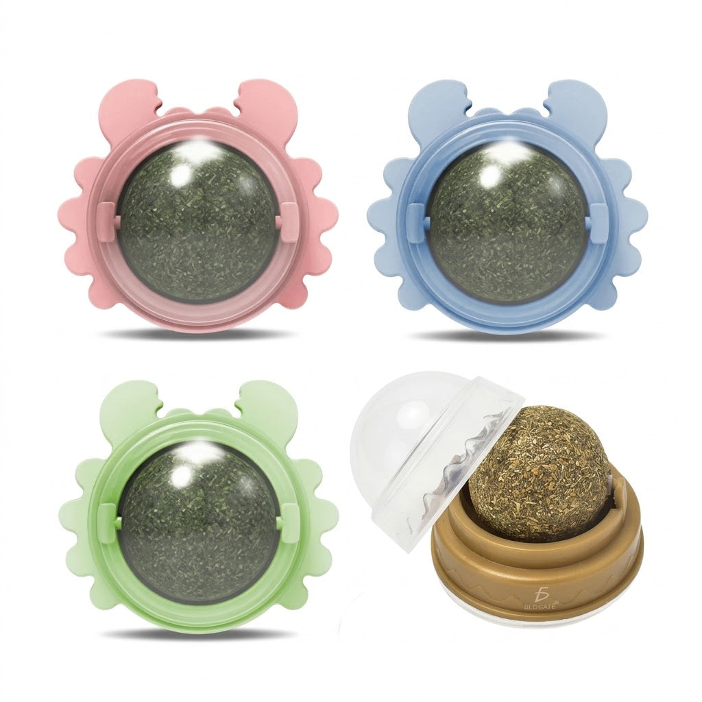 Bola de Catnip Giratoria para Gatos – Base Autoadherible Colores Surtidos