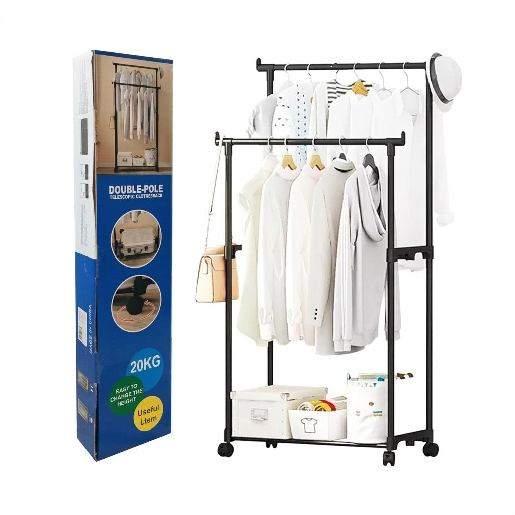 Rack para Ropa de Dos Niveles con Ruedas – Perchero Metálico 20kg