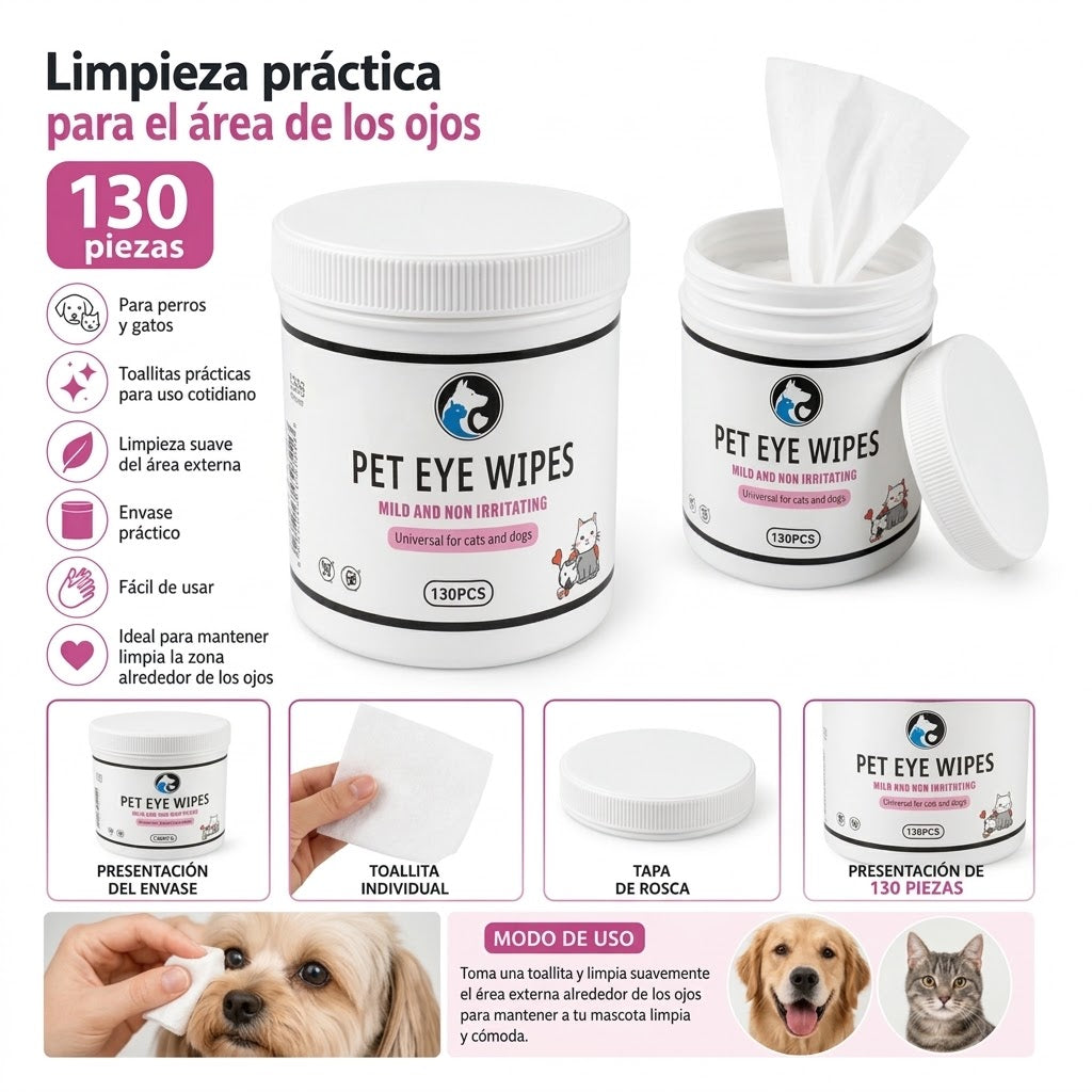 Toallitas para Ojos de Mascotas 130 pzas | Perros y Gatos