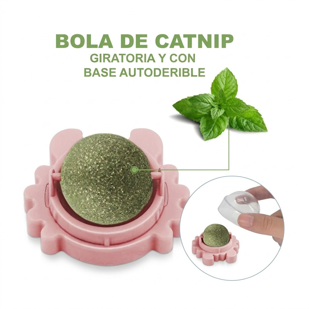 Bola de Catnip Giratoria para Gatos – Base Autoadherible Colores Surtidos