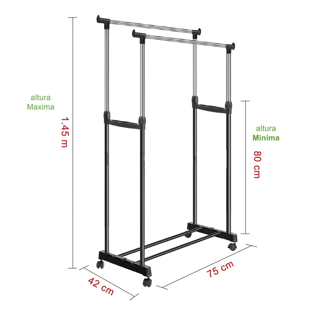 Rack para Ropa de Dos Niveles con Ruedas – Perchero Metálico 20kg